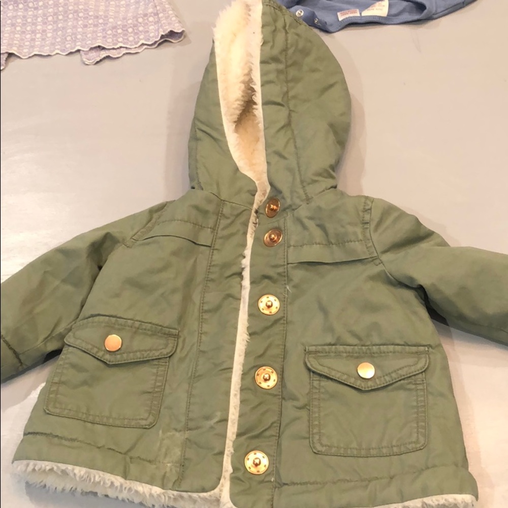 Green fur lined little girls coat. 6 months.